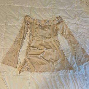 Champagne Satin Pleat Detail Bardot Flared Sleeve Shift Dress